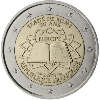 France coin 2 Euro - Treaty of Rome (2007) obverse obverse of 2 Euro - Treaty of Rome (2007) coin with KM# 1460 from France. Inscription: TRAITÉ DE ROME 50 ANS EUROPE 2007 RÉPUBLIQUE FRANÇAISE
