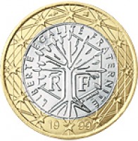 obverse of 1 Euro - 2'nd Map (2007 - 2015) coin with KM# 1413 from France. Inscription: LIBERTÉ ÉGALITÉ FRATERNITÉ RF J. JIMENEZ 20 07