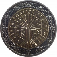 obverse of 2 Euro - 2'nd Map (2007 - 2015) coin with KM# 1414 from France. Inscription: LIBERTÉ ÉGALITÉ FRATERNITÉ J. JIMENEZ R F 20 13