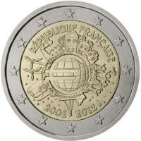 France coin 2 Euro - 10 Years of Euro Cash (2012) obverse obverse of 2 Euro - 10 Years of Euro Cash (2012) coin with KM# 1846 from France. Inscription: RÉPUBLIQUE FRANÇAISE A.H. € 2002 2012