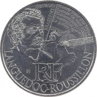 obverse of 10 Euro - Languedoc-Roussillon (2012) coin with KM# 1877 from France. Inscription: GEORGES BRASSENS Mourir pour des idées Auprès de mon arbre Chanson pour l'Auvergnat Le gorille Les copains d'abord Bonhomme LANGUEDOC-ROUSSILLON RF