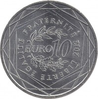 reverse of 10 Euro - Languedoc-Roussillon (2012) coin with KM# 1877 from France. Inscription: LIBERTÉ ÉGALITÉ FRATERNITÉ EURO 10 2012
