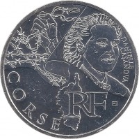 France coin 10 Euro - Corse (2012) obverse obverse of 10 Euro - Corse (2012) coin with KM# 1876 from France. Inscription: CORSE RF