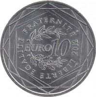 France coin 10 Euro - Corse (2012) reverse reverse of 10 Euro - Corse (2012) coin with KM# 1876 from France. Inscription: LIBERTÉ ÉGALITÉ FRATERNITÉ EURO 10 2012