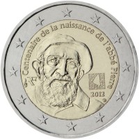 France coin 2 Euro - Birth of L'Abbé Pierre (2012) obverse obverse of 2 Euro - Birth of L'Abbé Pierre (2012) coin with KM# 1894 from France. Inscription: Centenaire de la naissance de l'abbé Pierre RF ET LES AUTRES 2012