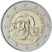 obverse of 2 Euro - Birth of L'Abbé Pierre (2012) coin with KM# 1894 from France. Inscription: Centenaire de la naissance de l'abbé Pierre RF ET LES AUTRES 2012