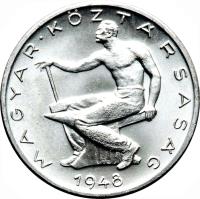 obverse of 50 Fillér (1948) coin with KM# 536 from Hungary. Inscription: MAGYAR · KÖZTÁRSASÁG 1948