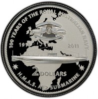100 YEARS OF THE ROYAL AUSTRALIAN NAVY. 1911 - 2011. 2 DOLLARS. H.M.A.S. AE2 SUBMARINE.
