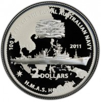 Silver coin Australia KM# 1629 100 YEARS OF THE ROYAL AUSTRALIAN NAVY. EAST INDIES 1940 INDIAN OCEAN 1941. MEDIETRANEAN 1941 CURAL SEA 1942. SAVO ISLAND 1942 GUADALCANAL 1942. PACIFIC 1942-45 BORNEO 1945. VIETNAM 1967-70. AE2. 1911 - 2011. 2 DOLLARS. H.M.A.S. HOBART II.