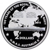 Silver coin Australia KM# 1628 100 YEARS OF THE ROYAL AUSTRALIAN NAVY. BABUL 1914 NORTH SEA 1916-19. ATLANTIC 1940-41 PACIFIC 1941-43. SAVO ISLAND 1942 GUADALCANAL 1942. NEW GUINIA 1942-44 LEYTE GULF 1944. LINGAYEN GULF 1945. 1911 - 2011. 2 DOLLARS. H.M.A.S. AUSTRALIA II.