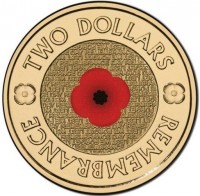 Aluminium Bronze coin Australia KM# 2007a TWO DOLLARS. LEST WE FORGET. REMEMBRANCE DAY. REMEMBRANCE.