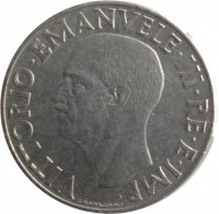 Italy coin 1 Lira - Vittorio Emanuele III - Magnetic (1939 - 1943) obverse obverse of 1 Lira - Vittorio Emanuele III - Magnetic (1939 - 1943) coin with KM# 77b from Italy. Inscription: VITTORIO.EMANUELE.III.RE.E.IMP. G.ROMAGNOLI