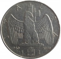 Italy coin 1 Lira - Vittorio Emanuele III - Magnetic (1939 - 1943) reverse reverse of 1 Lira - Vittorio Emanuele III - Magnetic (1939 - 1943) coin with KM# 77b from Italy. Inscription: ITALIA 1943 XXI R L. 1