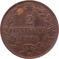 reverse of 2 Centesimi - Vittorio Emanuele III (1903 - 1908) coin with KM# 38 from Italy. Inscription: 2 CENTESIMI 1906 R