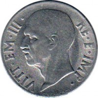obverse of 20 Centesimi - Vittorio Emanuele III - Magnetic; Plain edge (1939 - 1942) coin with KM# 75a from Italy. Inscription: VITT EM III RE E IMP