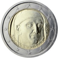 obverse of 2 Euro - Giovanni Boccaccio (2013) coin with KM# 358 from Italy. Inscription: R RI m BOCCACCIO 1313 2013