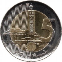 Morocco coin 5 Dirhams - Mohammed VI (2011 - 2015) reverse reverse of 5 Dirhams - Mohammed VI (2011 - 2015) coin with Y# 140 from Morocco. Inscription: 5 2011-1432 خمسة دراهم