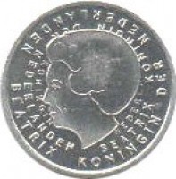 obverse of 1 Gulden - Beatrix - Last Gulden (2001) coin with KM# 233 from Netherlands. Inscription: BEATRIX KONINGIN DER NEDERLANDEN BEATRIX KONINGIN DER NEDERLANDEN KONINGIN NEDERLA