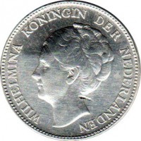 obverse of 1 Gulden - Wilhelmina (1922 - 1945) coin with KM# 161 from Netherlands. Inscription: WILHELMINA KONINGIN DER NEDERLANDEN