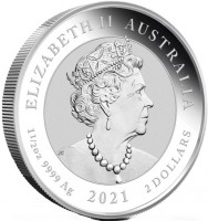 Silver coin Australia KM# 4154 ELIZABETH II. AUSTRALIA. JC. 1 1/2 oz 9999 Ag 2021 2 DOLLARS.