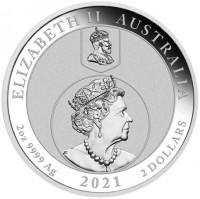 Silver coin Australia ELIZABETH II AUSTRALIA. JC. 2oz 9999 Ag 2021 2 DOLLARS.
