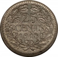 Netherlands coin 25 Cents - Wilhelmina (1910 - 1925) reverse reverse of 25 Cents - Wilhelmina (1910 - 1925) coin with KM# 146 from Netherlands. Inscription: 25 CENTS 1918
