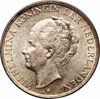 obverse of 2 1/2 Gulden - Wilhelmina (1929 - 1940) coin with KM# 165 from Netherlands. Inscription: WILHELMINA KONINGIN DER NEDERLANDEN