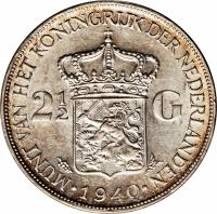reverse of 2 1/2 Gulden - Wilhelmina (1929 - 1940) coin with KM# 165 from Netherlands. Inscription: MUNT VAN HET KONINGRIJK DER NEDERLANDEN 2 1/2 G · 1940 ·