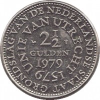 reverse of 2 1/2 Gulden - Juliana - Union of Utrecht (1979) coin with KM# 197 from Netherlands. Inscription: GRONDSLAG VAN DE NEDERLAND STAAT UNIE VAN UTRECHT 1579 2 1/2 GULDEN 1979
