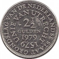 Netherlands coin 2 1/2 Gulden - Juliana - Union of Utrecht (1979) reverse reverse of 2 1/2 Gulden - Juliana - Union of Utrecht (1979) coin with KM# 197 from Netherlands. Inscription: GRONDSLAG VAN DE NEDERLAND STAAT UNIE VAN UTRECHT 1579 2 1/2 GULDEN 1979