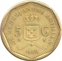 reverse of 5 Gulden - Beatrix (1998 - 2012) coin with KM# 43 from Netherlands Antilles. Inscription: DE NEDERLANDSE ANTILLEN 5 G 1999