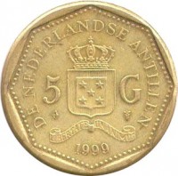 Netherlands Antilles coin 5 Gulden - Beatrix (1998 - 2012) reverse reverse of 5 Gulden - Beatrix (1998 - 2012) coin with KM# 43 from Netherlands Antilles. Inscription: DE NEDERLANDSE ANTILLEN 5 G 1999