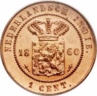 reverse of 1 Cent - Willem III (1855 - 1912) coin with KM# 307 from Netherlands East Indies. Inscription: NEDERLANDSCH INDIE. 1 CENT. 1860