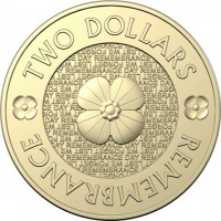 Aluminium Bronze coin Australia TWO DOLLARS. LEST WE FORGET. REMEMBRANCE DAY. REMEMBRANCE.