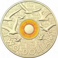 Aluminium Bronze coin Australia In Flanders. fields the poppy. blow Between the are. row on row, That mark. place, and in the sky The. larks, still bravely sign. fly Scarce. heard amid. the guns. below. We. the Dead. TWO DOLLARS.