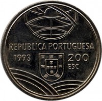 obverse of 200 Escudos - Espingarda (1993) coin with KM# 666 from Portugal. Inscription: REPUBLICA PORTUGUESA 1993 200 ESC