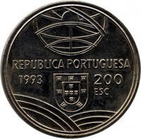 Portugal coin 200 Escudos - Espingarda (1993) obverse obverse of 200 Escudos - Espingarda (1993) coin with KM# 666 from Portugal. Inscription: REPUBLICA PORTUGUESA 1993 200 ESC