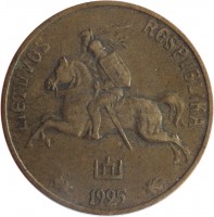 Lithuania coin 20 Centų (1925) obverse obverse of 20 Centų (1925) coin with KM# 74 from Lithuania. Inscription: LIETUVAS RESPUBLIKA 1925