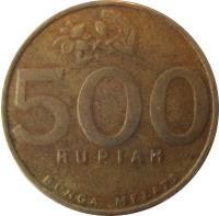 Indonesia coin 500 Rupiah (1997 - 2003) reverse reverse of 500 Rupiah (1997 - 2003) coin with KM# 59 from Indonesia. Inscription: 500 RUPIAH - BUNGA MELATI