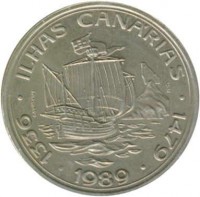 reverse of 100 Escudos - Canary Islands (1989) coin with KM# 646 from Portugal. Inscription: 1336 · ILHAS CANARIAS · 1479 S. MACHADO incm 1989