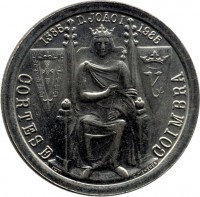 Portugal coin 25 Escudos - Battle of Aljubarrota (1985) reverse reverse of 25 Escudos - Battle of Aljubarrota (1985) coin with KM# 627 from Portugal. Inscription: 1386 D JOAO I 1985 CORTES DE COIMBRA