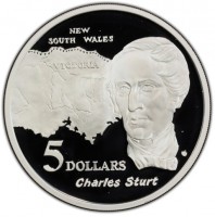 Silver coin Australia KM# 265 NEW SOUTH WALES. VICTORIA. 5 DOLLARS. Charles Sturt. VG.