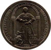 reverse of 100 Escudos - Battle of Aljubarrota (1985) coin with KM# 630 from Portugal. Inscription: D.NUNO ALVARES PEREIRA 1385 BATALHA DE ALJUBARROTA 1985