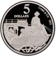 Silver coin Australia KM# 304 COBB & CO 1853. 5. DOLLARS. COACH & RAIL TICKETS. WP.