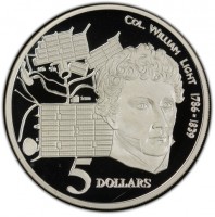 Silver coin Australia KM# 306 COL. WILLIAM LIGHT 1786 • 1839. 5 DOLLARS. WP.