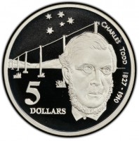 Silver coin Australia KM# 307 CHARLES TODD 1827 • 1910. 5. DOLLARS. WP.