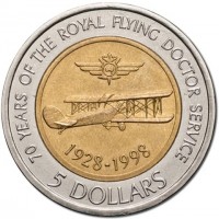 Bi-Metallic coin Australia KM# 374 70 YEARS OF THE ROYAL FLYING DOCTOR SERVICE. 1928-1998. 5 DOLLARS.
