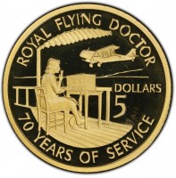 Aluminium Bronze coin Australia KM# 386 ROYAL FLYING DOCTOR. DOLLARS. 5. 70 YEARS OF SERVICE.