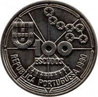 Portugal coin 100 Escudos - Navigation (1990) obverse obverse of 100 Escudos - Navigation (1990) coin with KM# 649 from Portugal. Inscription: 100 ESCUDOS REPUBLICA PORTUGUESA 1990