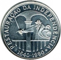 reverse of 100 Escudos - Independence (1990) coin with KM# 651 from Portugal. Inscription: RESTAURACÃO DA INDEPENDÊNCIA 1640 . 1990